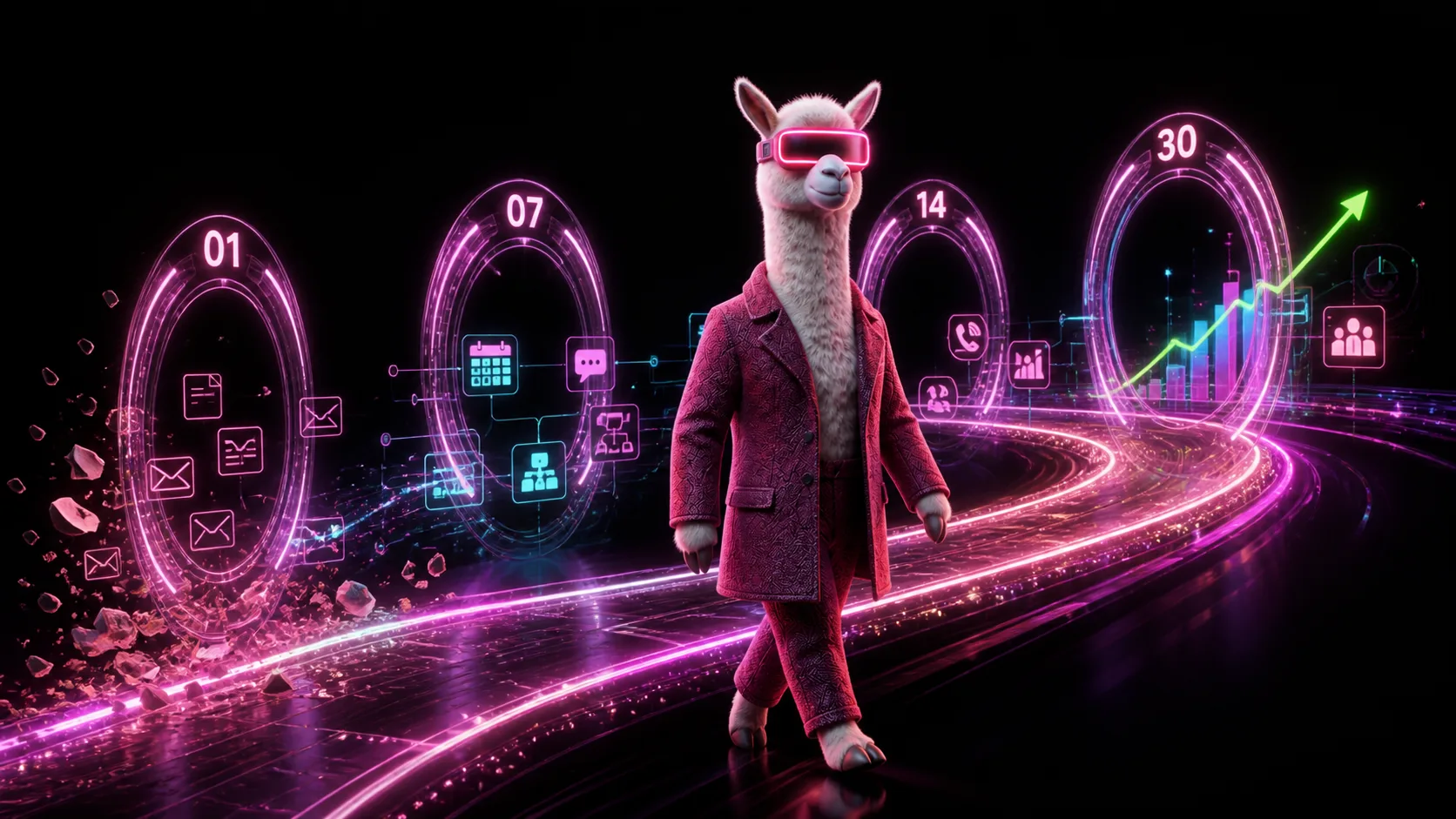 Smart Scale character moving through a Day 1 to Day 30 AI delivery roadmap